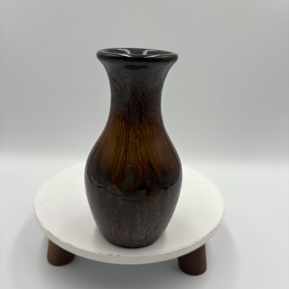 Vintage Small Art Pottery Bud Vase Pretty Drip Glaze Brown Gold Iridescent 5" H